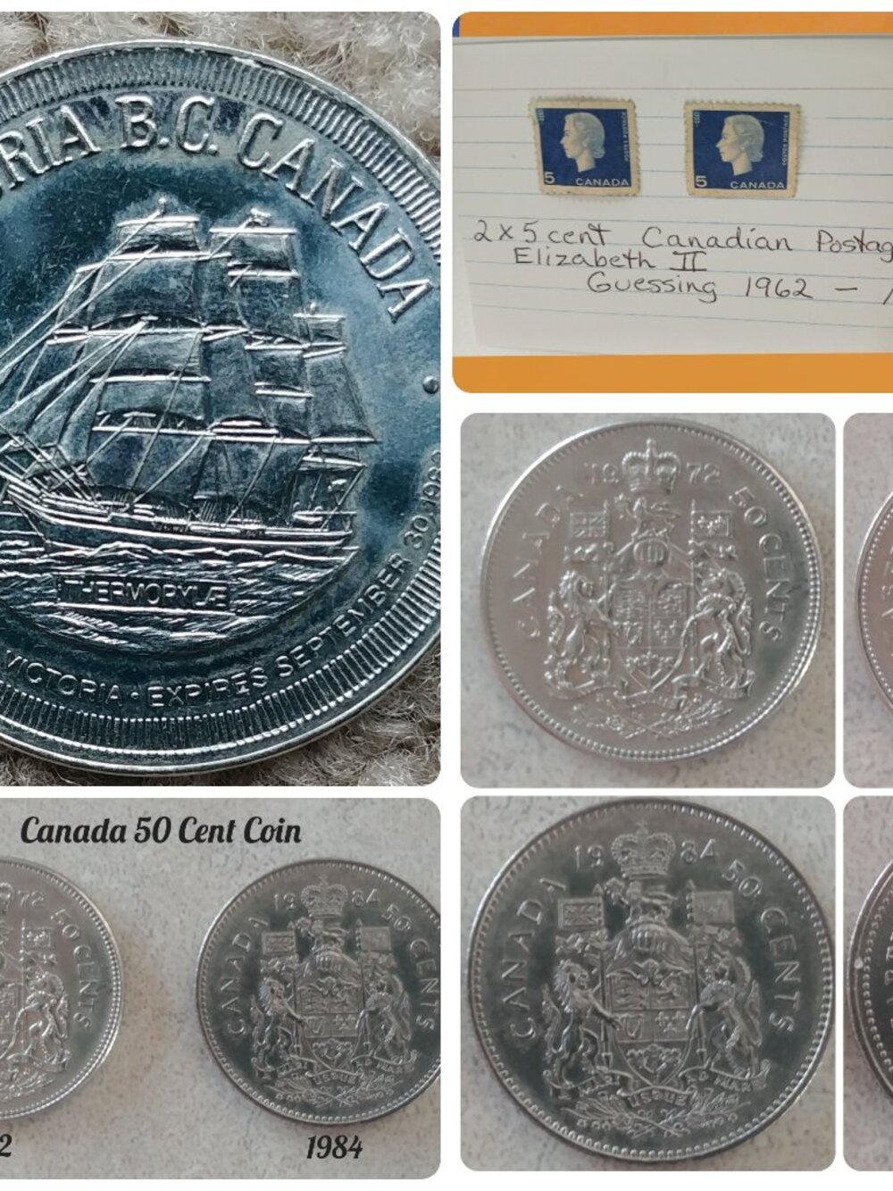 1983 BC Trade Dollar,1972 & 1984 Canadian Fifty Cent  & Canadian 5 cent Stamps